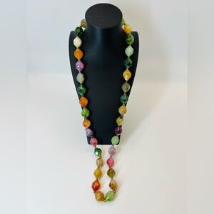 Vintage Multicolor Faceted Bead Necklace Boho Statement Long Strand